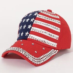 Red -Embellished American Flag Baseball Cap